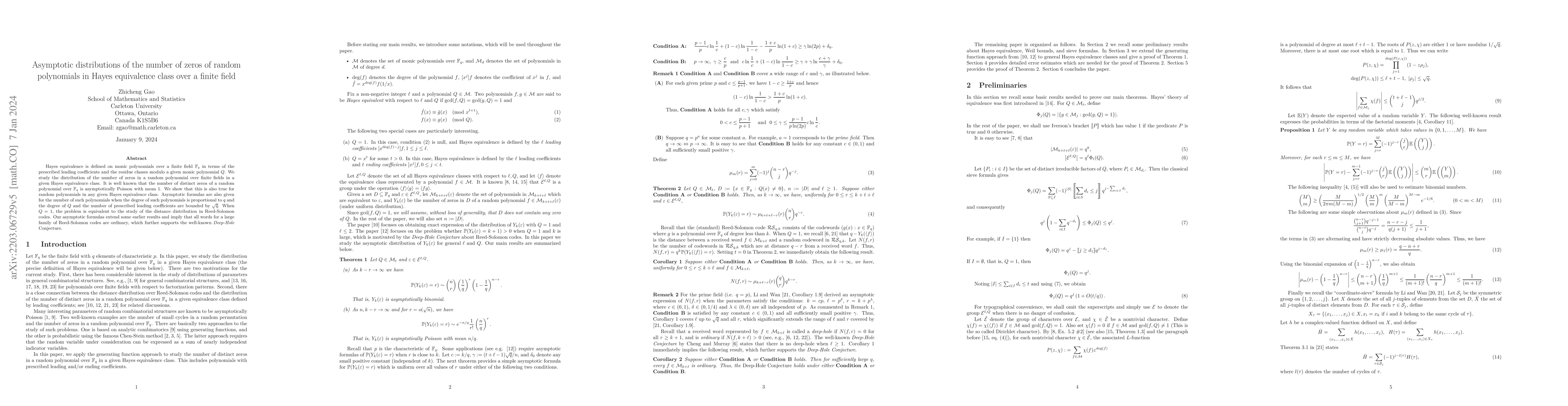 Thumbnail for Asymptotic distribution of the number of zeros in random polynomials in
  a given equivalence class over a finite field