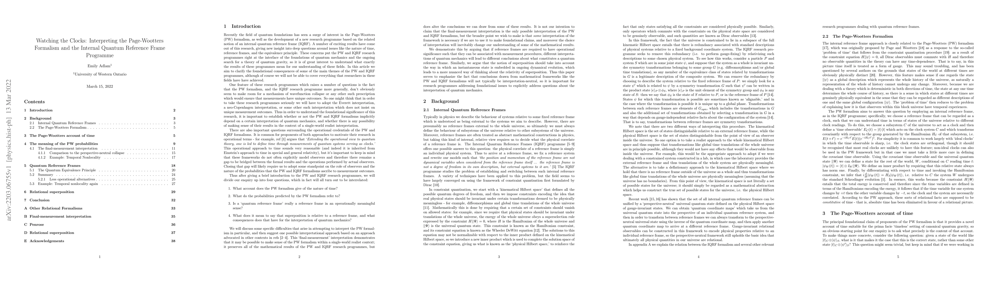Thumbnail for Watching the Clocks: Interpreting the Page-Wootters Formalism and the
  Internal Quantum Reference Frame Programme