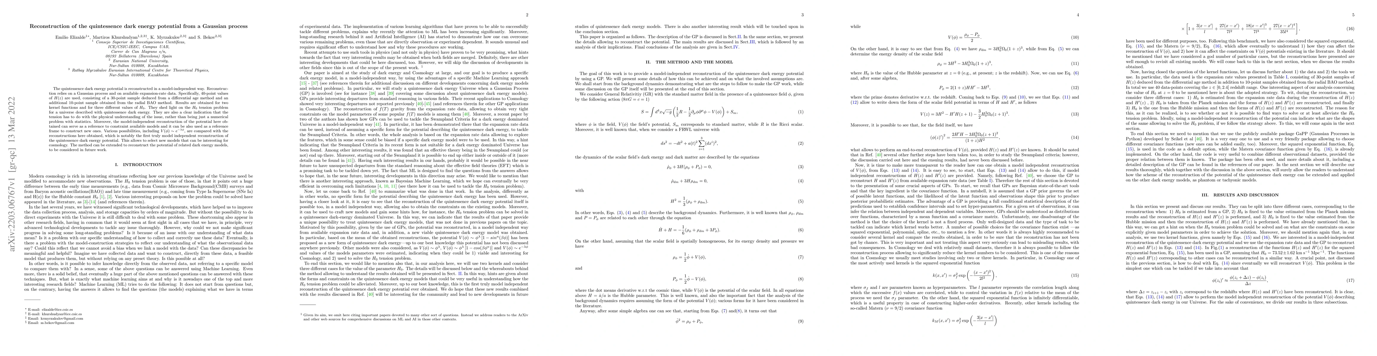Thumbnail for Reconstruction of the quintessence dark energy potential from a Gaussian
  process