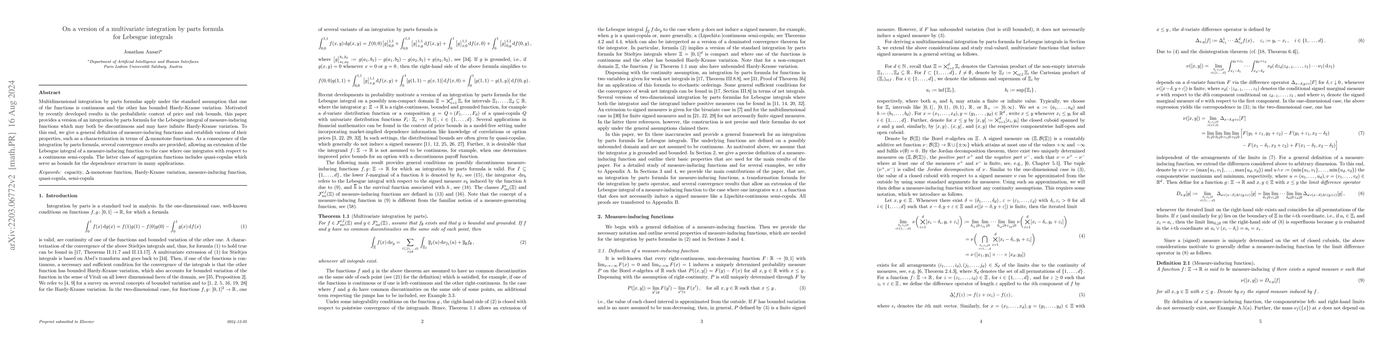 Thumbnail for On a version of a multivariate integration by parts formula for Lebesgue
  integrals