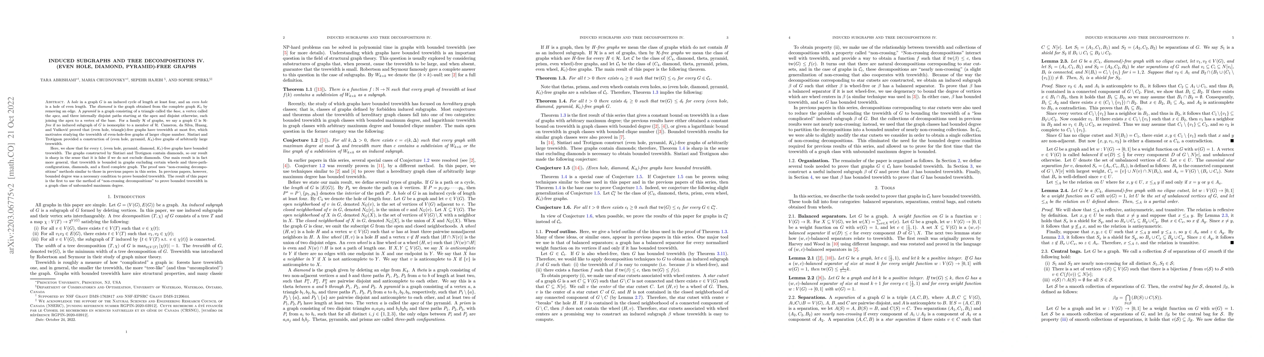 Thumbnail for Induced subgraphs and tree decompositions IV. (Even hole, diamond,
  pyramid)-free graphs
