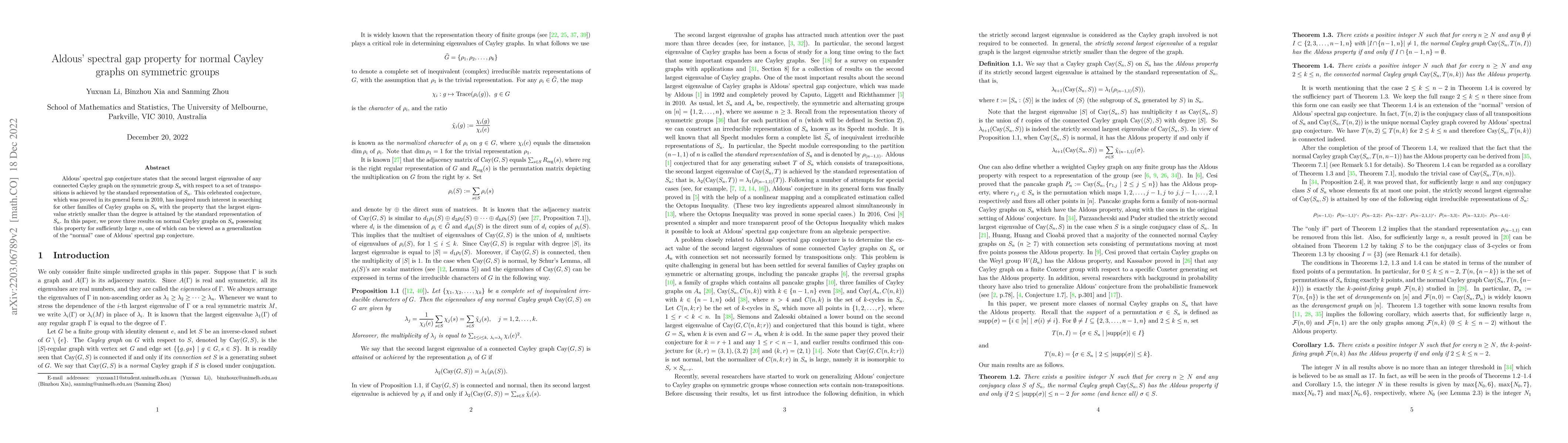 Thumbnail for Aldous' spectral gap property for normal Cayley graphs on symmetric
  groups