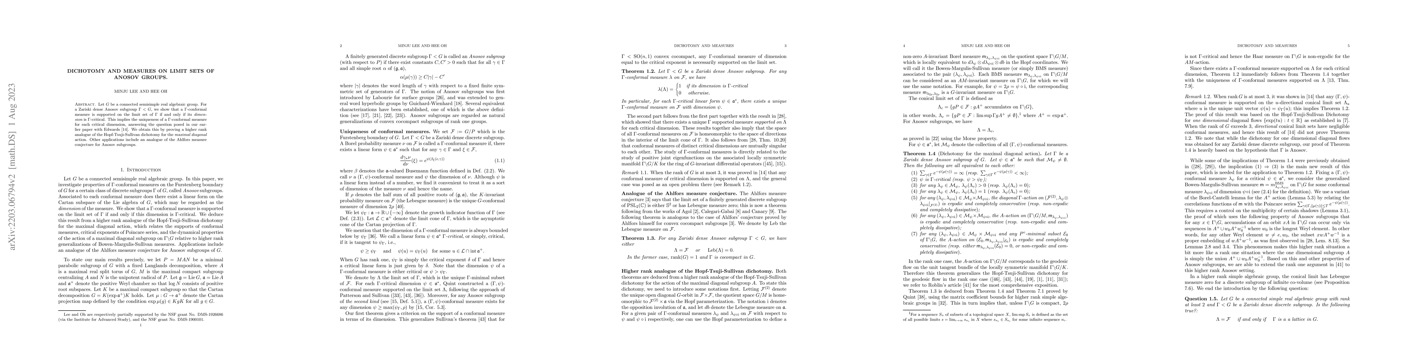 Thumbnail for Dichotomy and measures on limit sets of Anosov groups