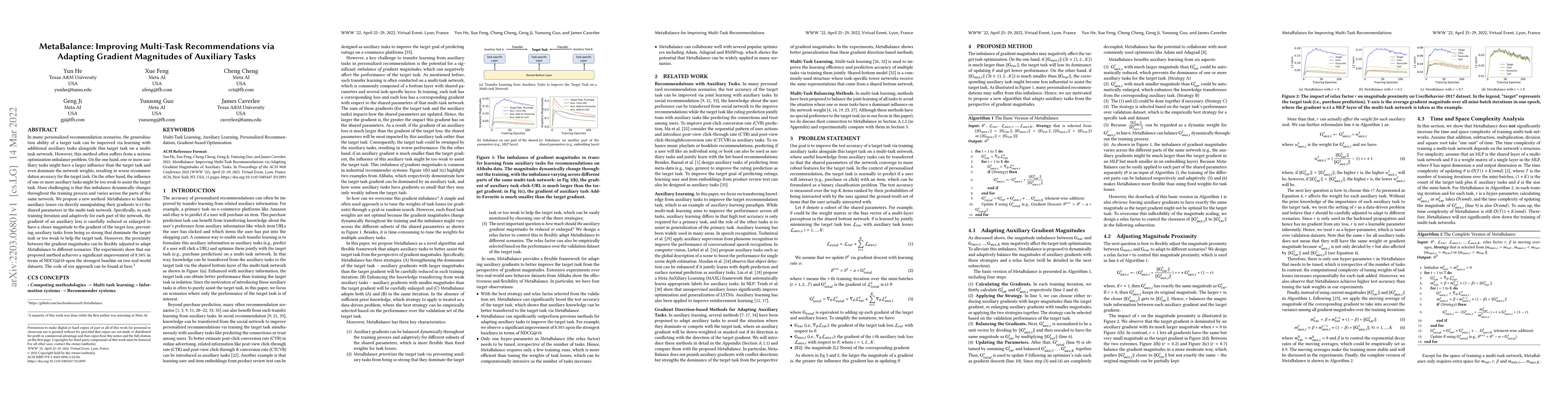 Thumbnail for MetaBalance: Improving Multi-Task Recommendations via Adapting Gradient
  Magnitudes of Auxiliary Tasks
