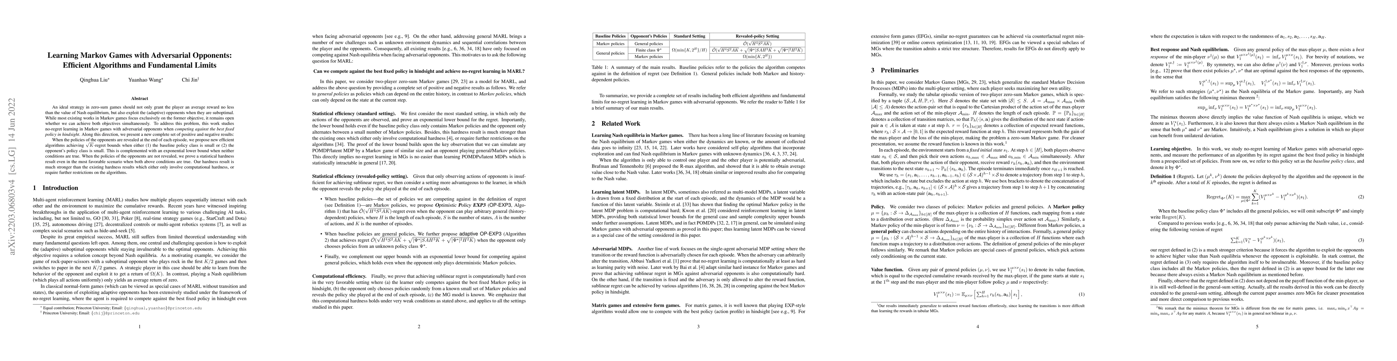 Thumbnail for Learning Markov Games with Adversarial Opponents: Efficient Algorithms
  and Fundamental Limits