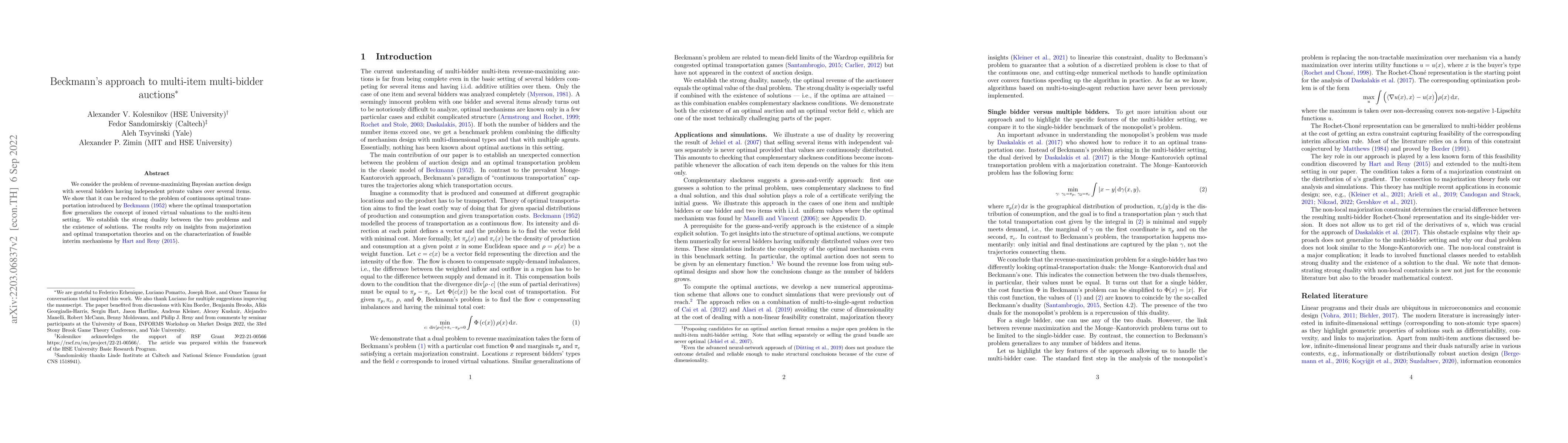 Thumbnail for Beckmann's approach to multi-item multi-bidder auctions