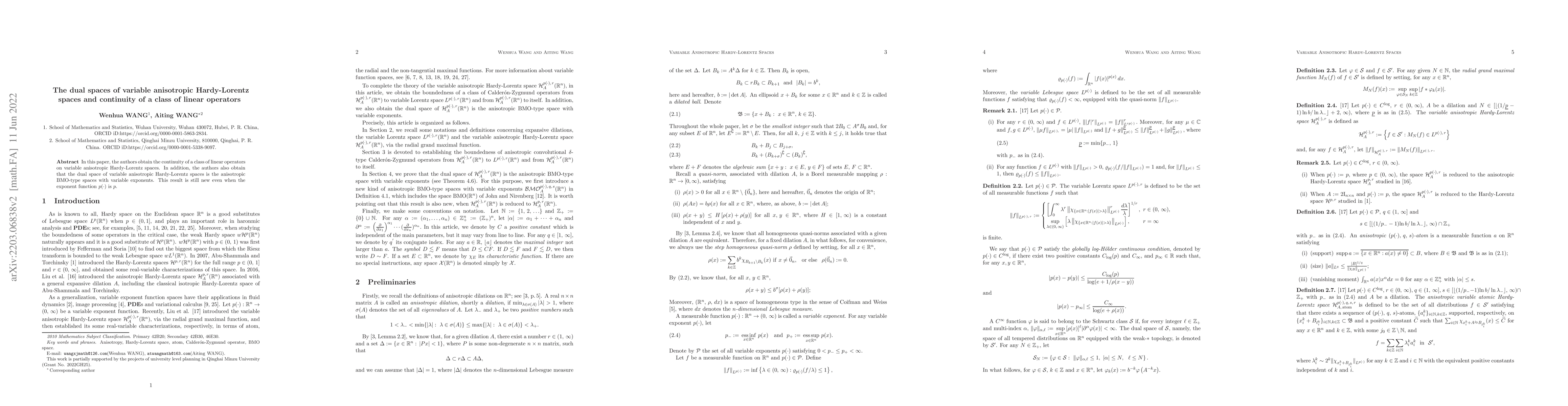 Thumbnail for The dual spaces of variable anisotropic Hardy-Lorentz spaces and
  continuity of a class of linear operators