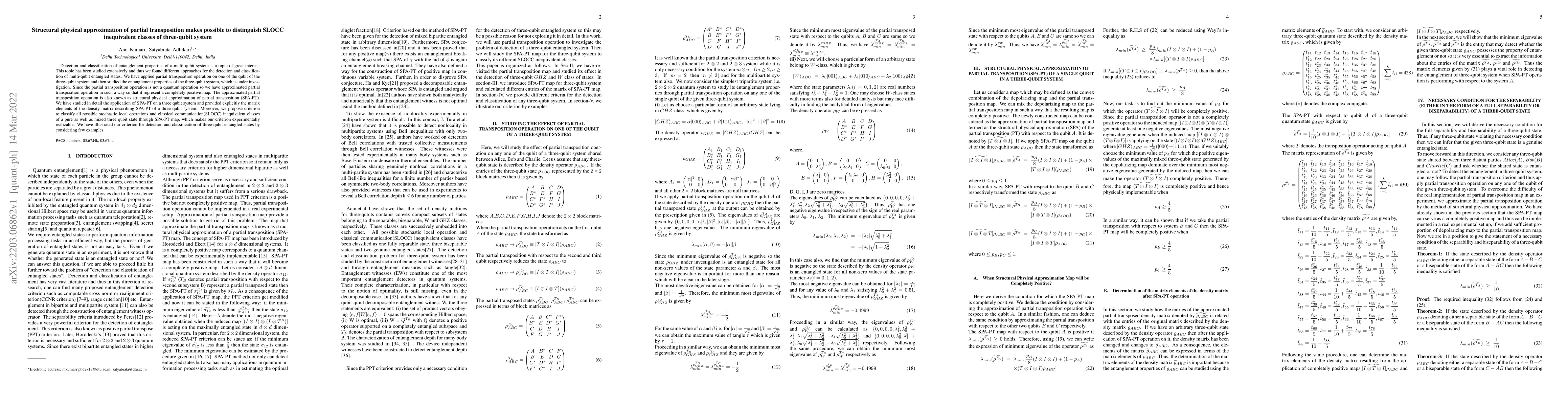 Thumbnail for Structural physical approximation of partial transposition makes
  possible to distinguish SLOCC inequivalent classes of three-qubit system