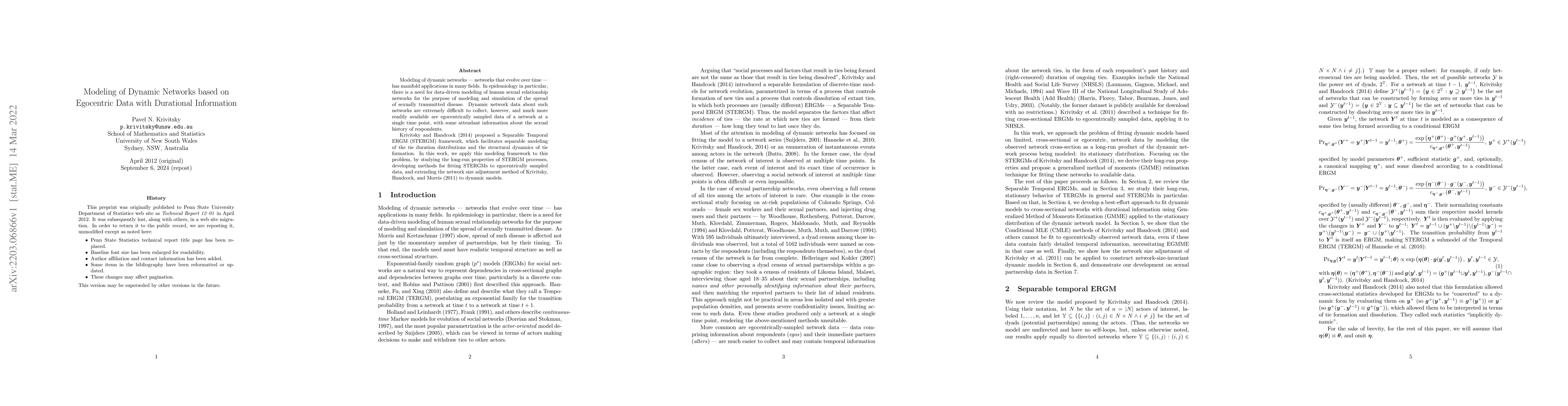 Thumbnail for Modeling of Dynamic Networks based on Egocentric Data with Durational
  Information