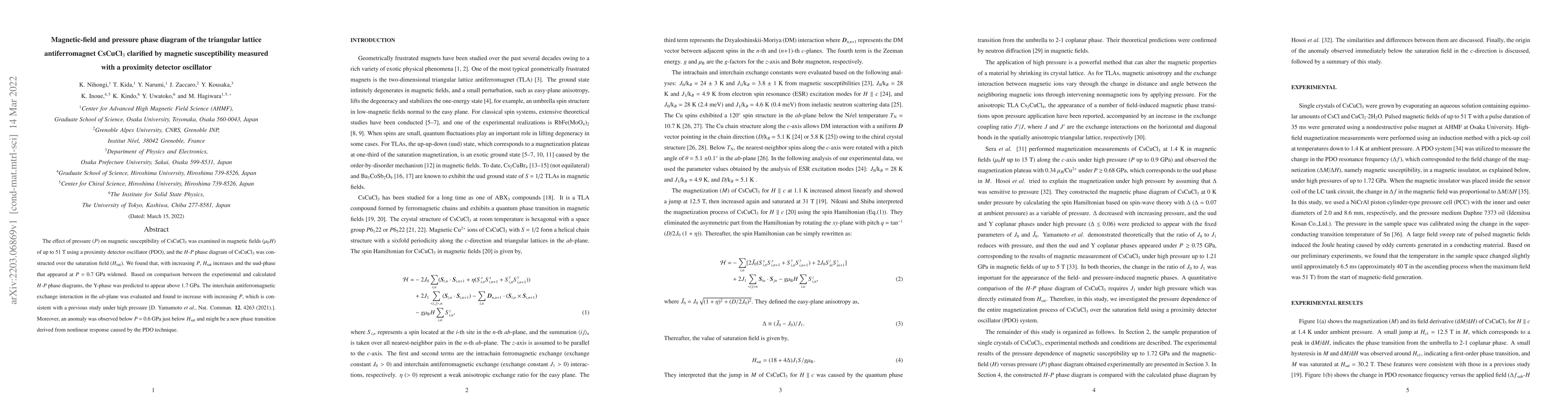 Thumbnail for Magnetic-field and pressure phase diagram of the triangular lattice
  antiferromagnet CsCuCl$_3$ clarified by magnetic susceptibility measured with
  a proximity detector oscillator