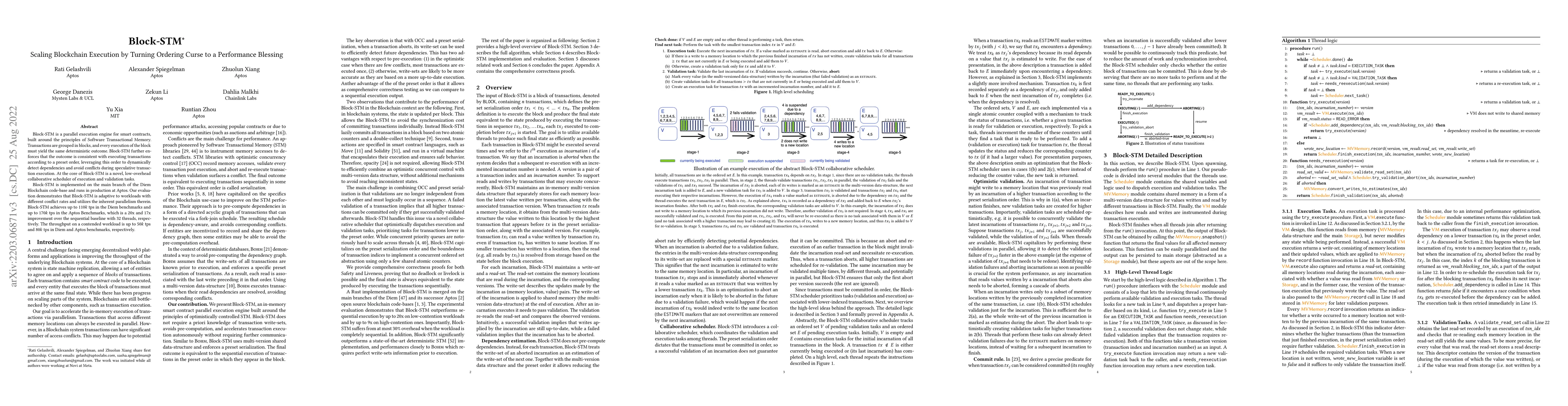 Thumbnail for Block-STM: Scaling Blockchain Execution by Turning Ordering Curse to a
  Performance Blessing
