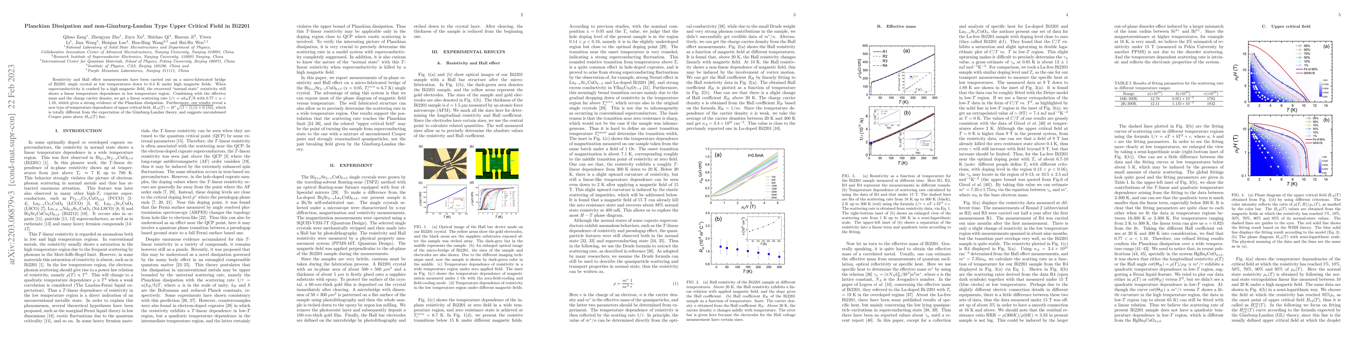 Thumbnail for Planckian Dissipation and non-Ginzburg-Landau Type Upper Critical Field
  in Bi2201