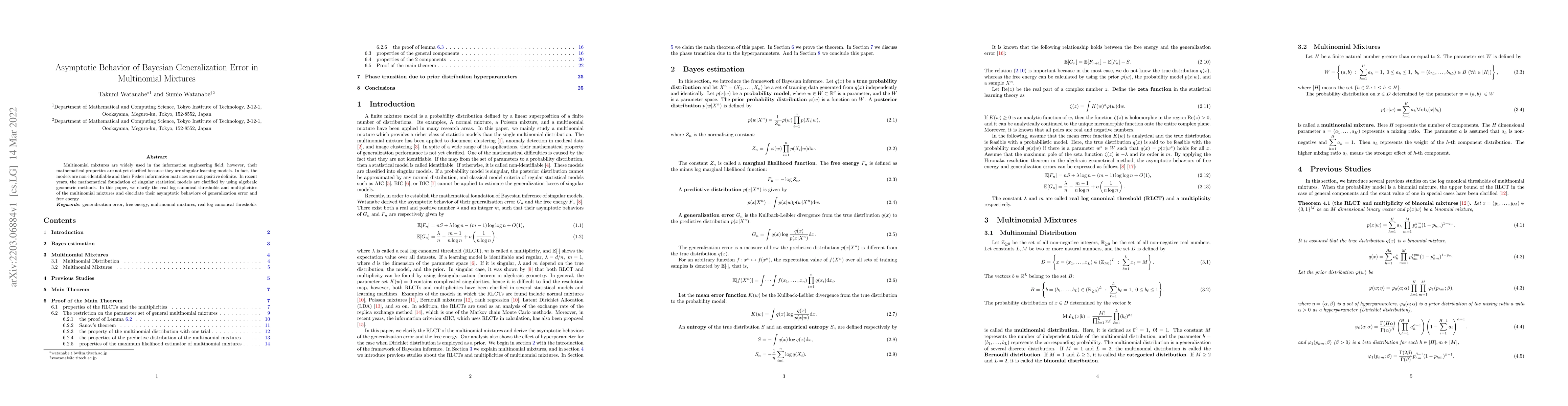 Thumbnail for Asymptotic Behavior of Bayesian Generalization Error in Multinomial
  Mixtures