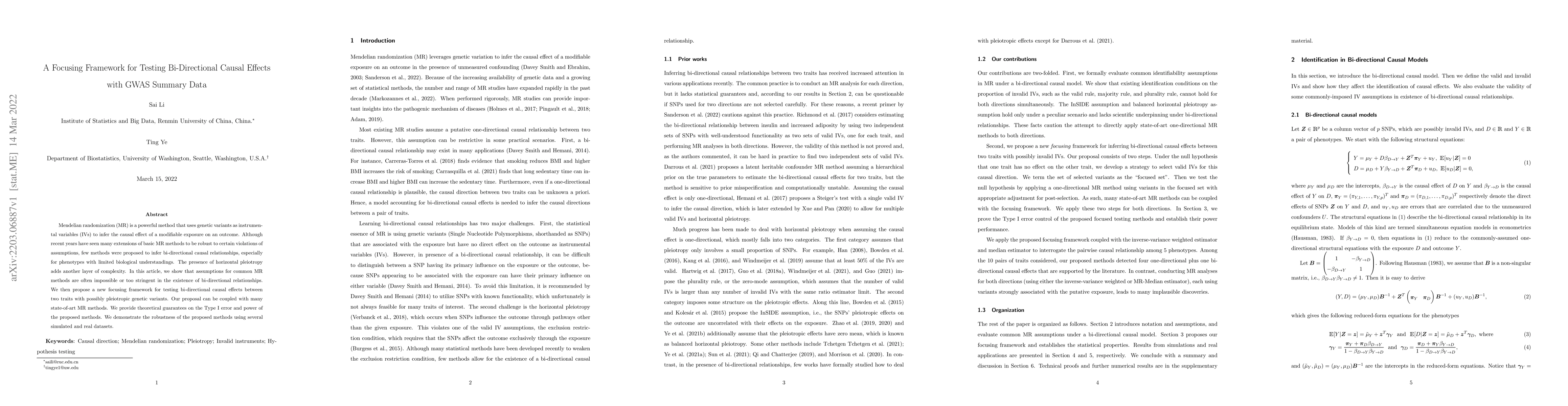 Thumbnail for A Focusing Framework for Testing Bi-Directional Causal Effects with GWAS
  Summary Data