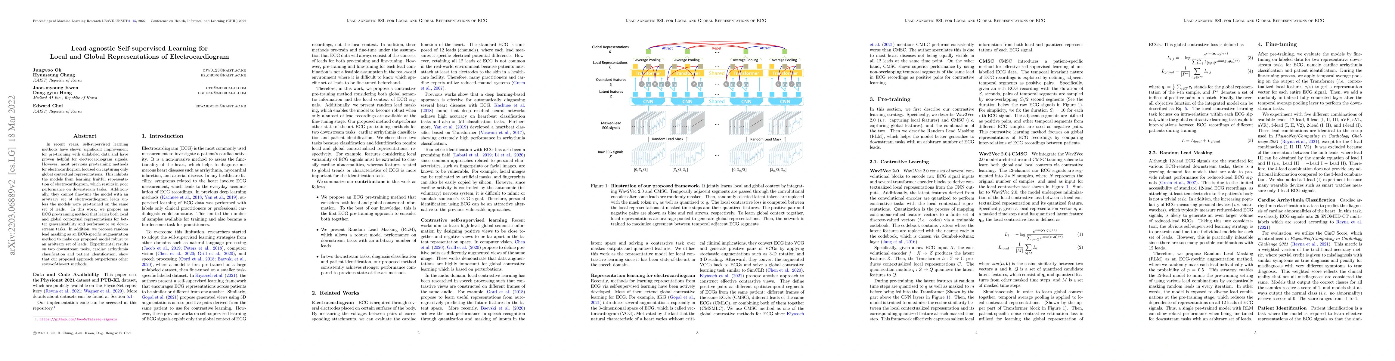 Thumbnail for Lead-agnostic Self-supervised Learning for Local and Global
  Representations of Electrocardiogram