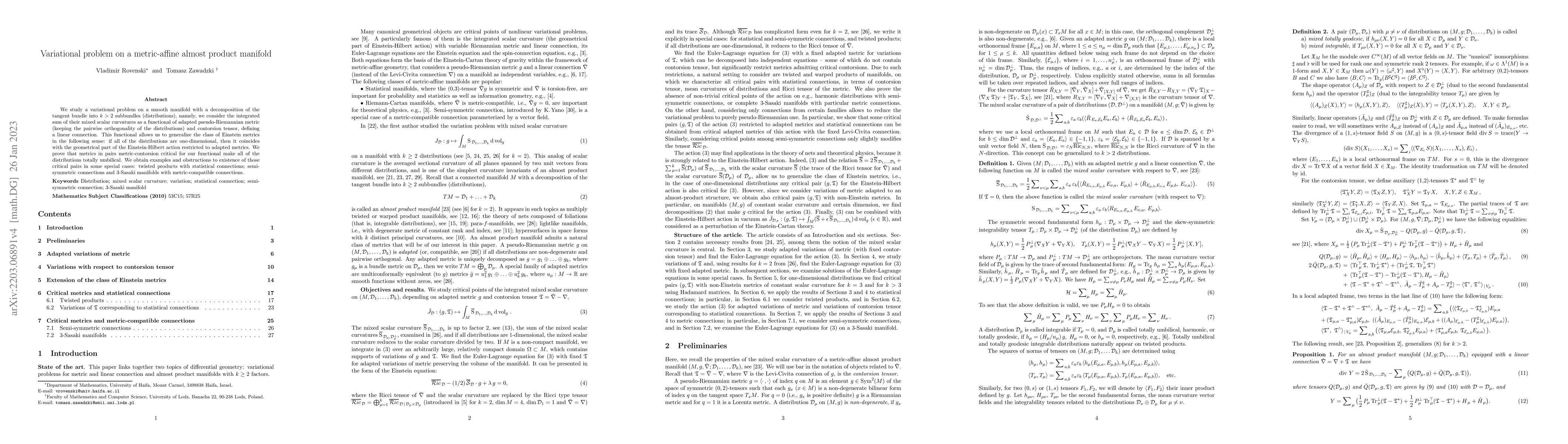 Thumbnail for Variational problem on a metric-affine almost product manifold