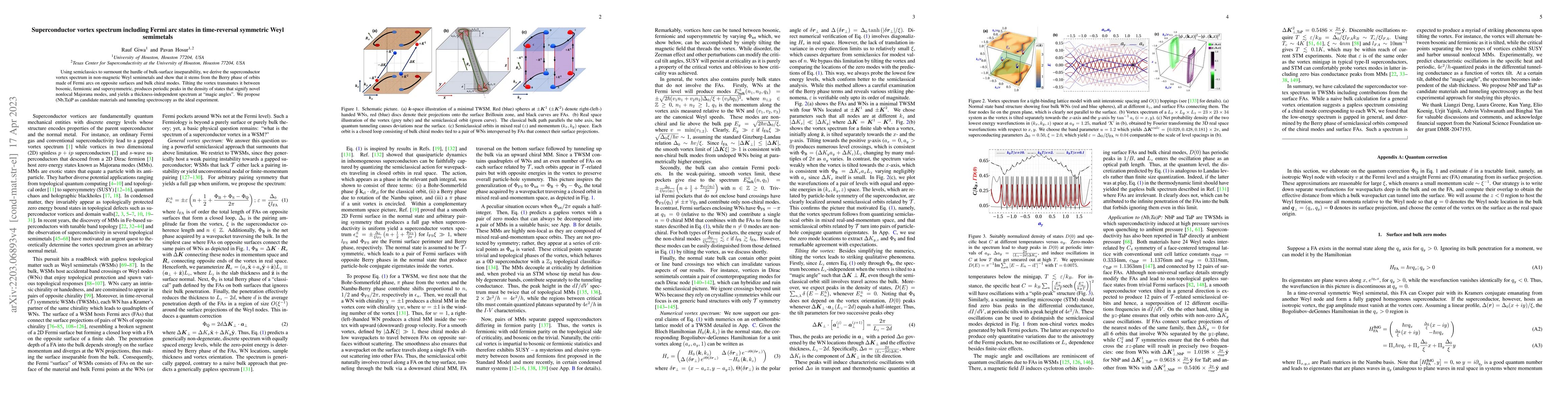 Thumbnail for Superconductor Vortex Spectrum Including Fermi Arc States in
  Time-Reversal Symmetric Weyl Semimetals