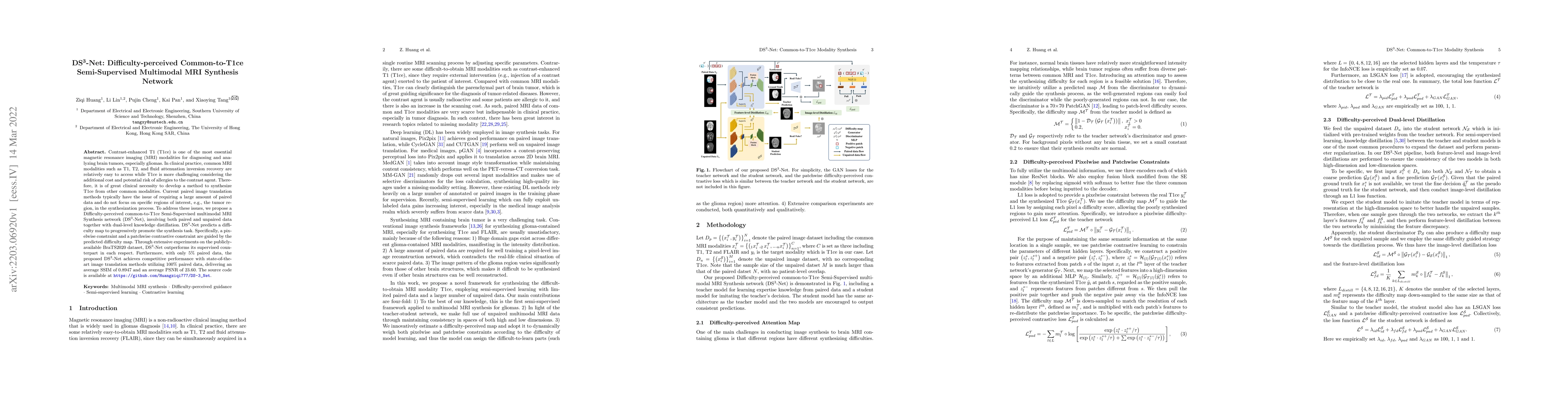 Thumbnail for DS3-Net: Difficulty-perceived Common-to-T1ce Semi-Supervised Multimodal
  MRI Synthesis Network