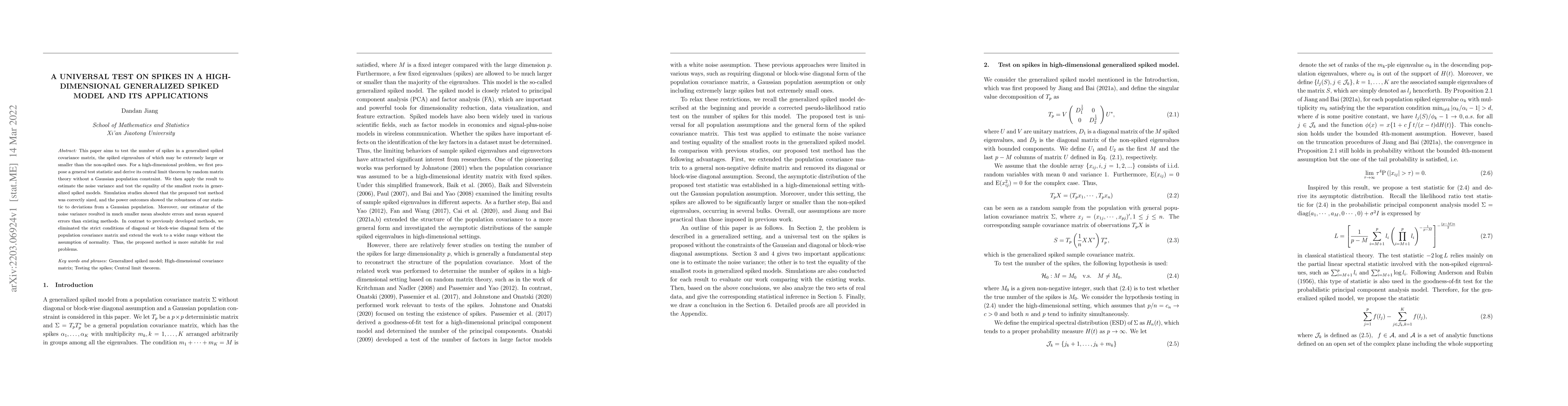 Thumbnail for A universal test on spikes in a high-dimensional generalized spiked
  model and its applications