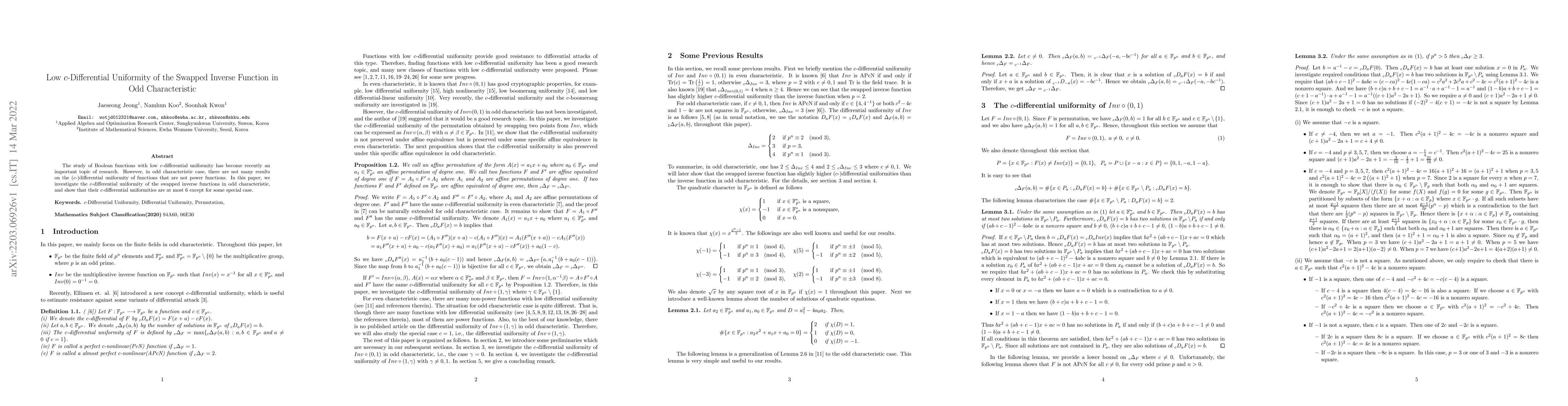 Thumbnail for Low c-Differential Uniformity of the Swapped Inverse Function in Odd
  Characteristic