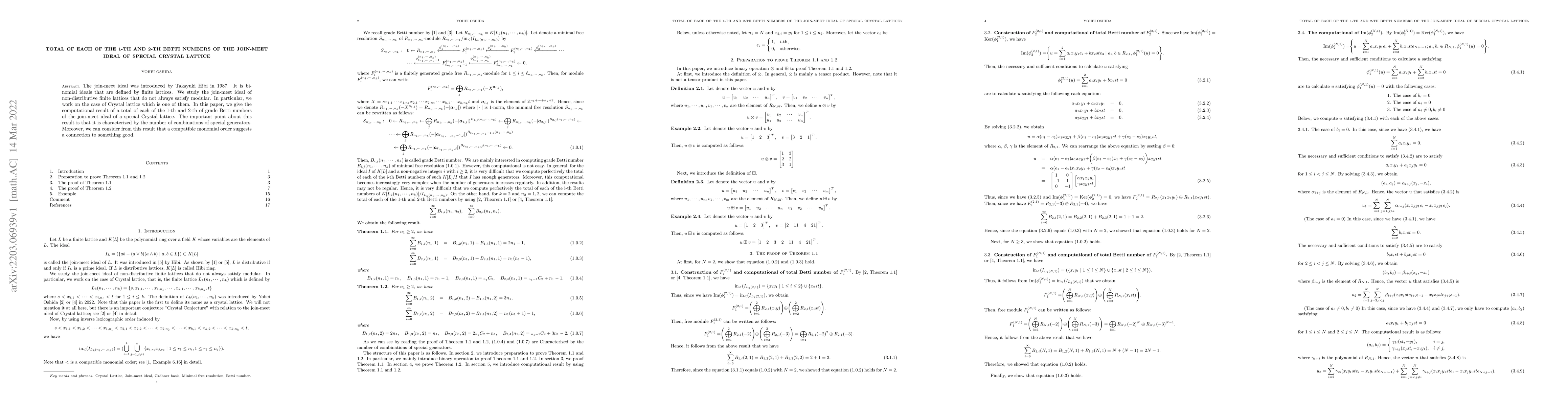 Thumbnail for Total of each of the 1-th and 2-th Betti numbers of the join-meet ideal
  of Special Crystal Lattice