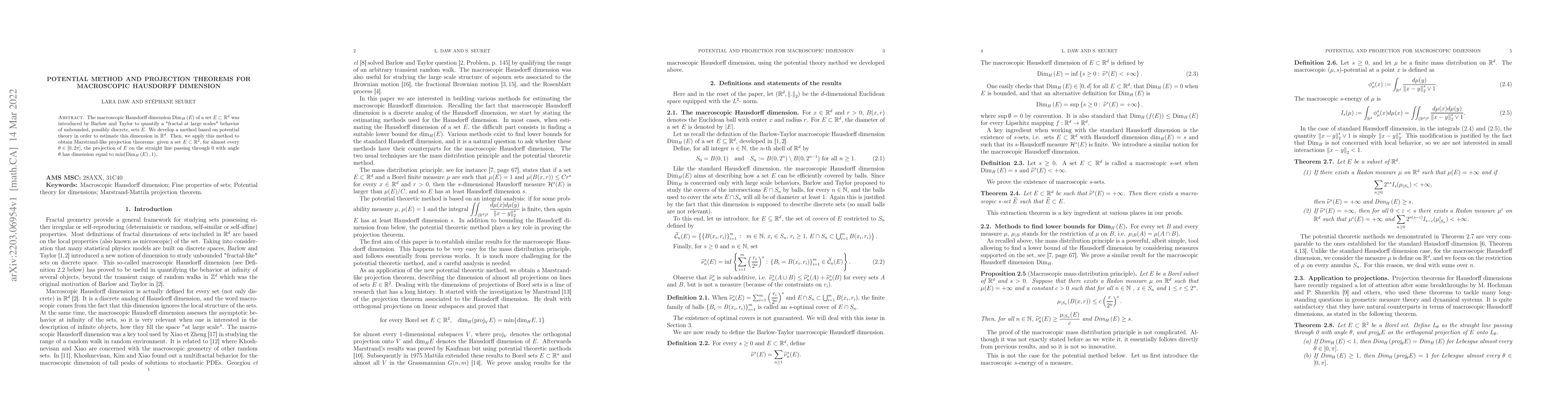 Thumbnail for Potential method and projection theorems for macroscopic Hausdorff
  dimension
