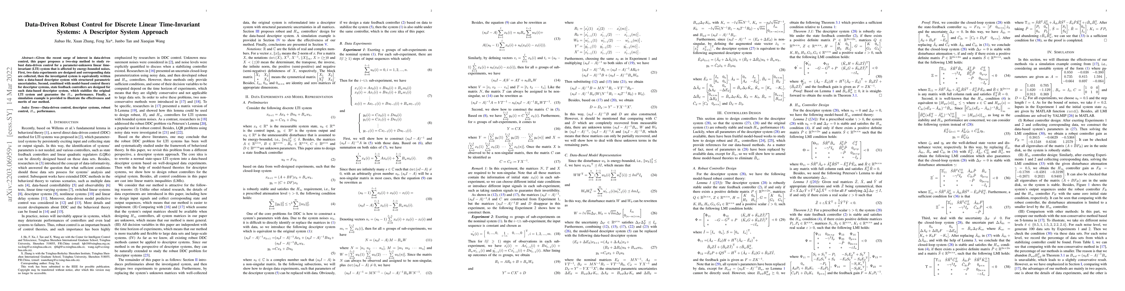 Thumbnail for Data-Driven Robust Control for Discrete Linear Time-Invariant Systems: A
  Descriptor System Approach
