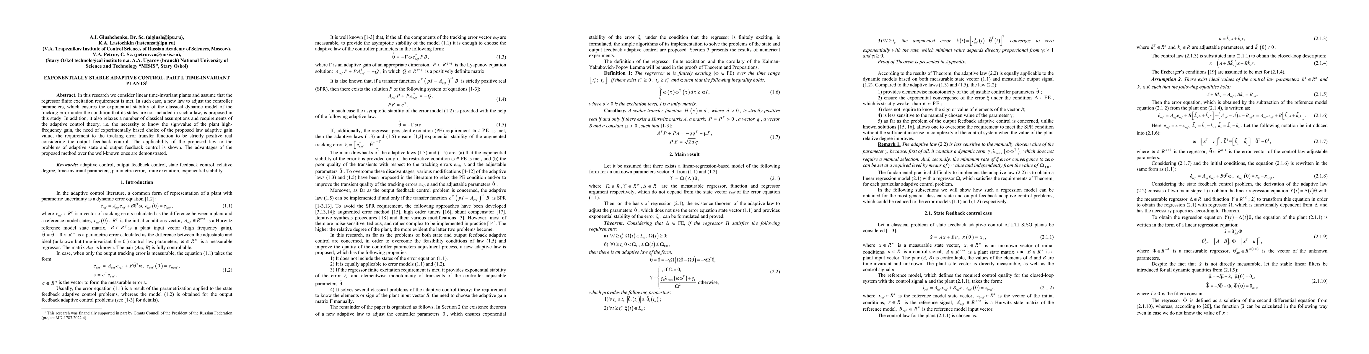 Thumbnail for Exponentially stable adaptive control. Part I. Time-invariant plants