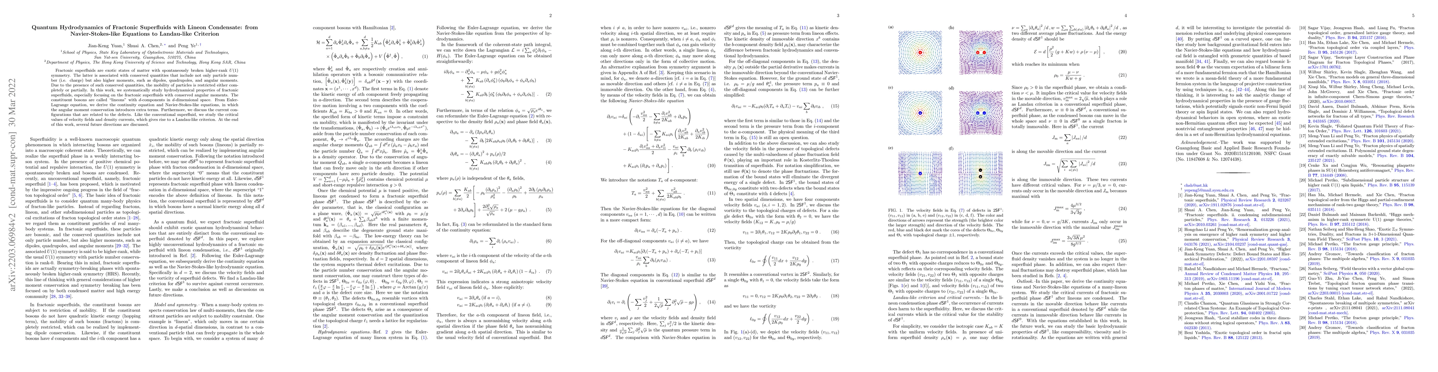 Thumbnail for Quantum Hydrodynamics of Fractonic Superfluids with Lineon Condensate:
  from Navier-Stokes-like Equations to Landau-like Criterion