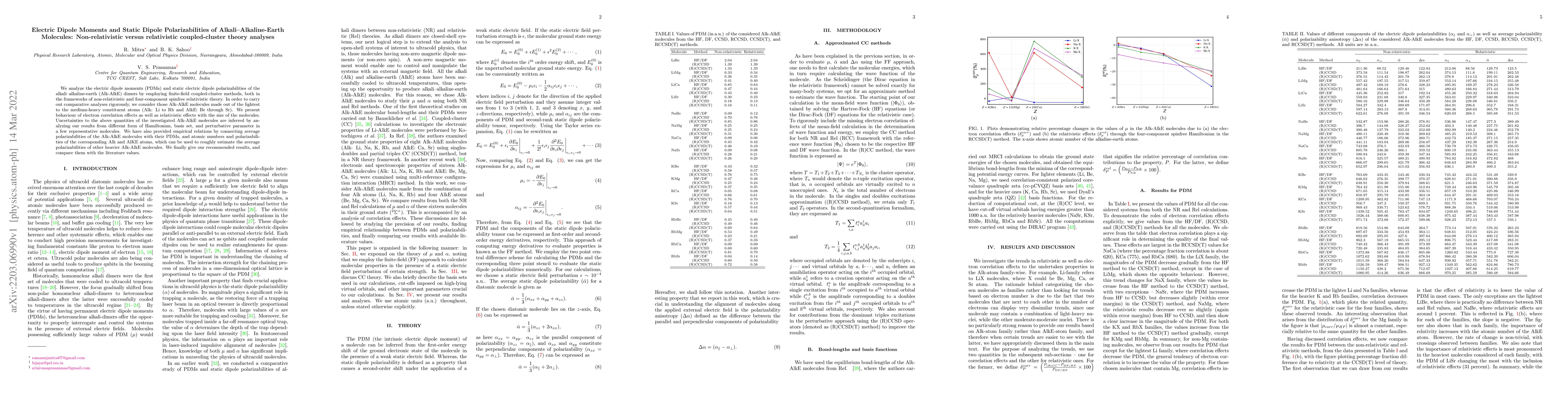 Thumbnail for Electric Dipole Moments and Static Dipole Polarizabilities of
  Alkali--Alkaline-Earth Molecules: Non-relativistic versus relativistic
  coupled-cluster theory analyses