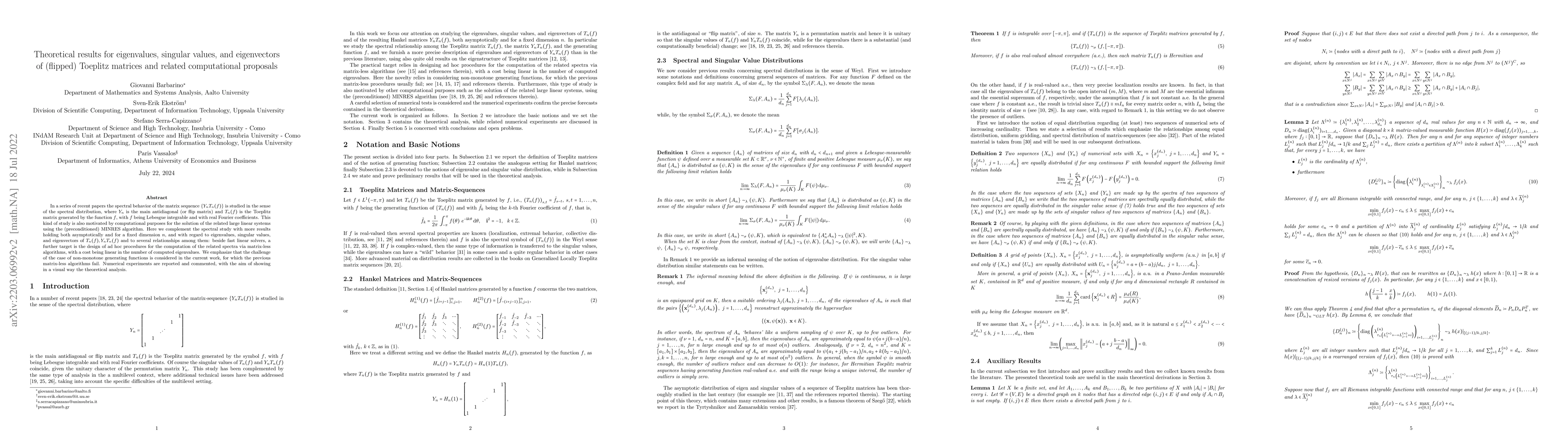 Thumbnail for Theoretical results for eigenvalues, singular values, and eigenvectors
  of (flipped) Toeplitz matrices and related computational proposals