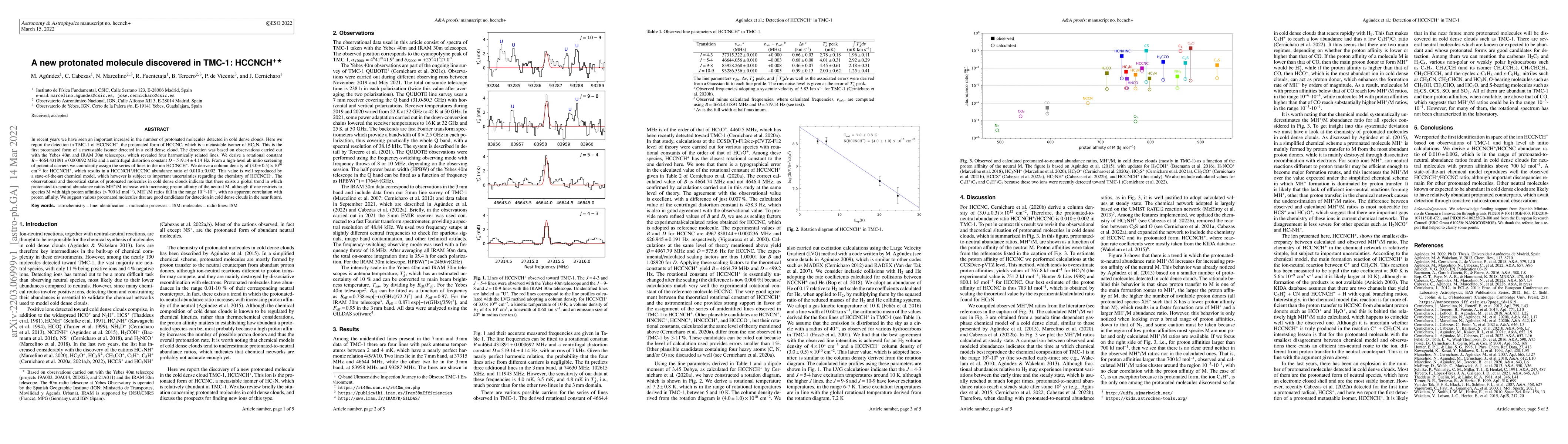 Thumbnail for A new protonated molecule discovered in TMC-1: HCCNCH+