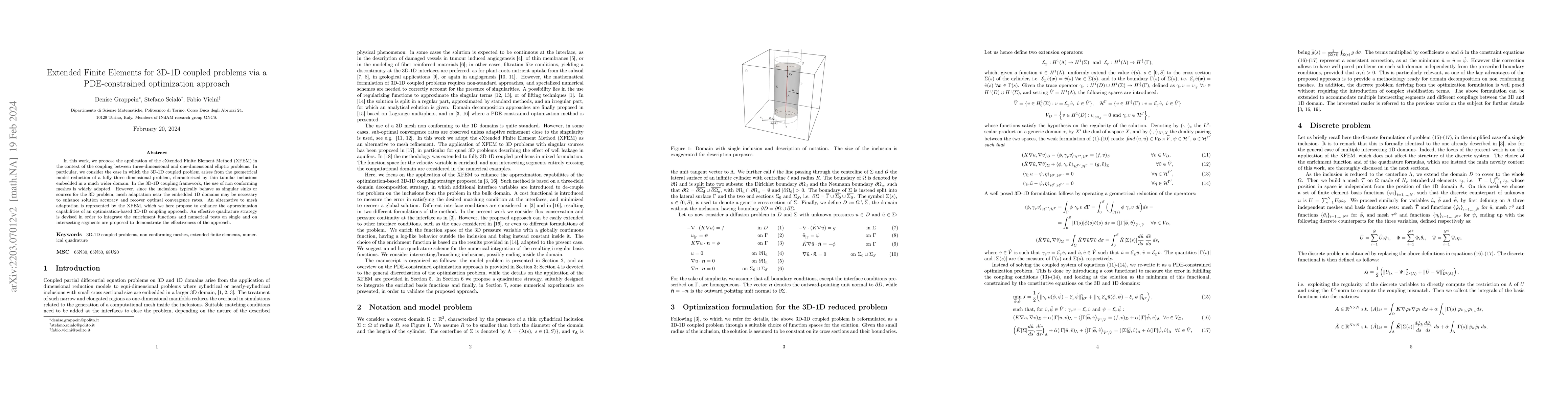 Thumbnail for Extended Finite Elements for 3D-1D coupled problems via a
  PDE-constrained optimization approach