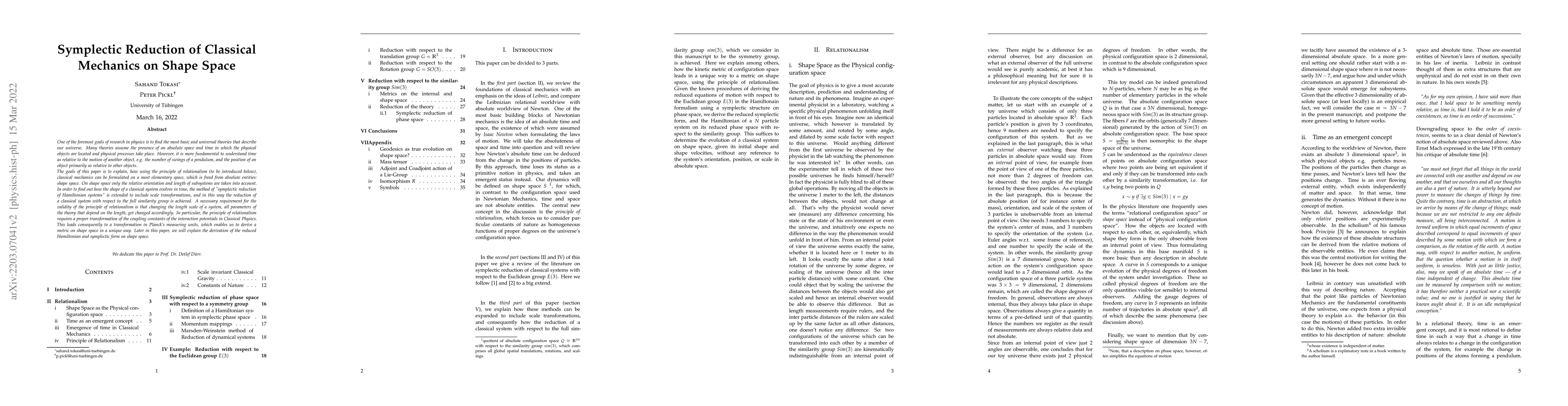 Thumbnail for Symplectic Reduction of Classical Mechanics on Shape Space