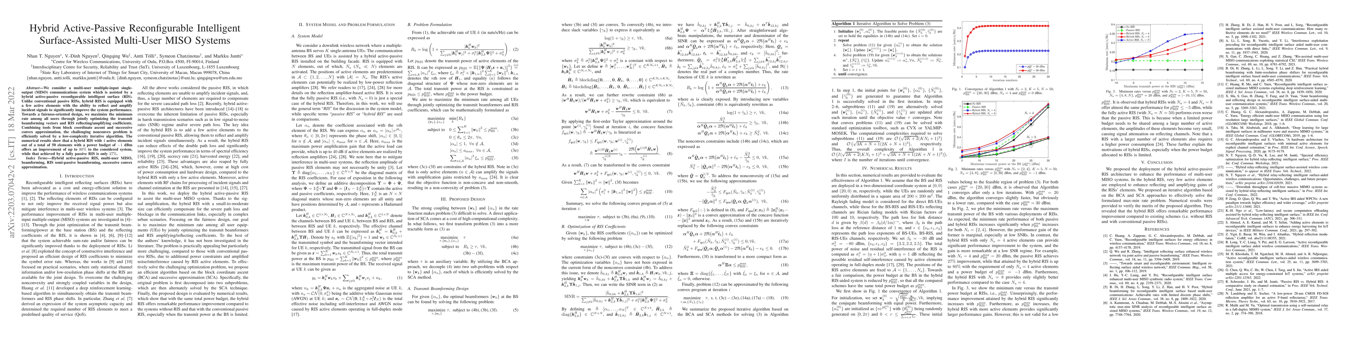 Thumbnail for Hybrid Active-Passive Reconfigurable Intelligent Surface-Assisted
  Multi-User MISO Systems