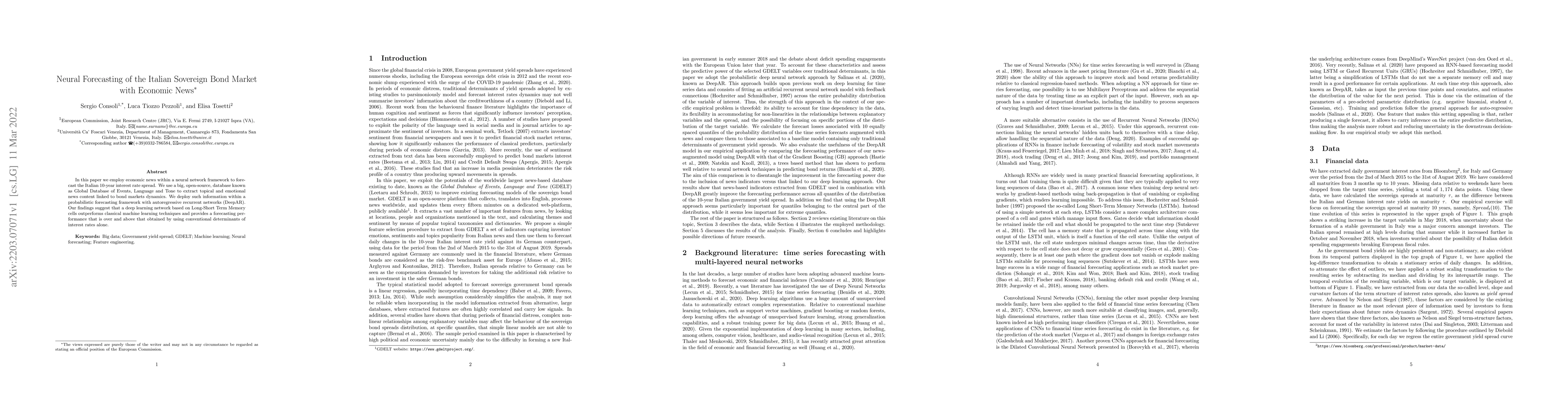 Thumbnail for Neural Forecasting of the Italian Sovereign Bond Market with Economic
  News