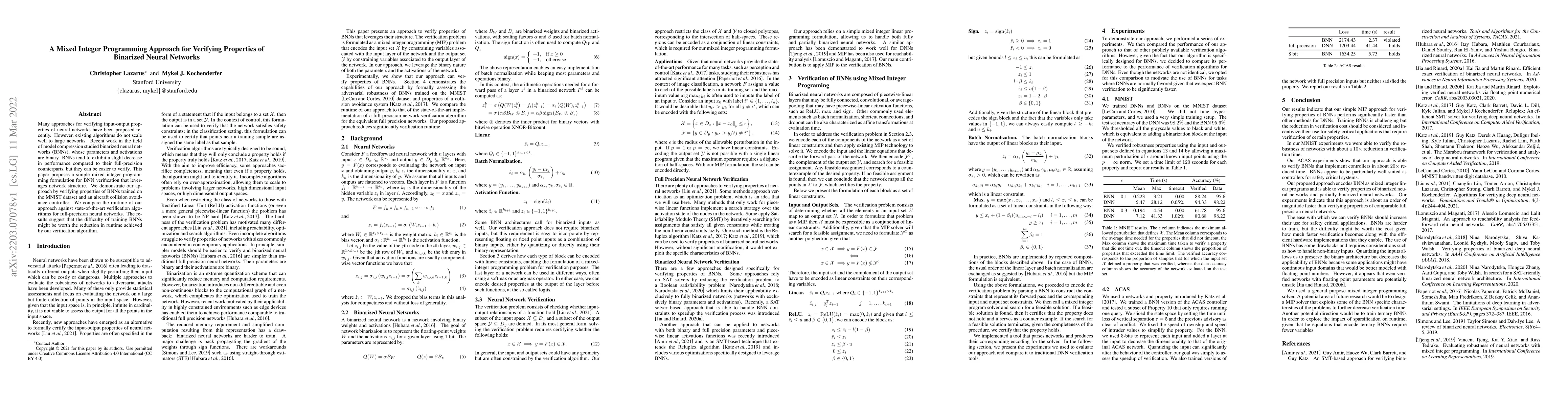 Thumbnail for A Mixed Integer Programming Approach for Verifying Properties of
  Binarized Neural Networks