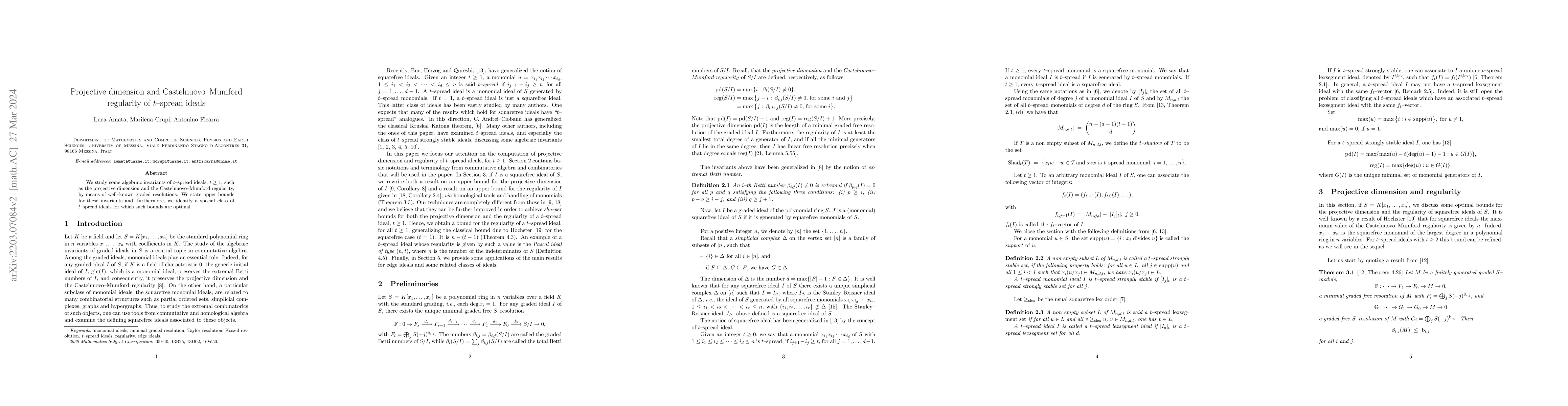 Thumbnail for Projective dimension and Castelnuovo-Mumford regularity of t-spread
  ideals
