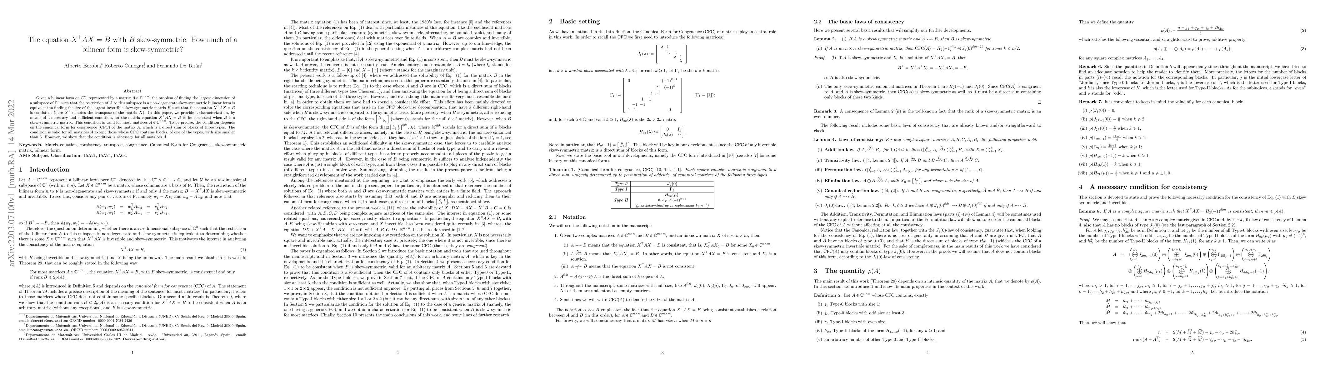 Thumbnail for The equation $X^\top AX=B$ with $B$ skew-symmetric: How much of a
  bilinear form is skew-symmetric?