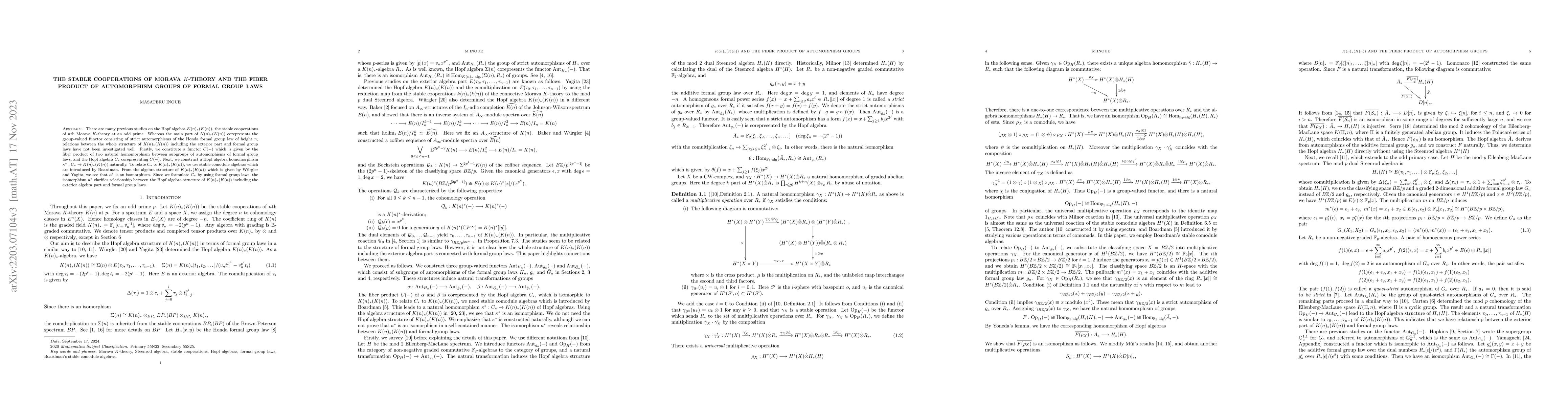 Thumbnail for The stable cooperations of Morava $K$-Theory and the fiber product of
  automorphism groups of formal group laws