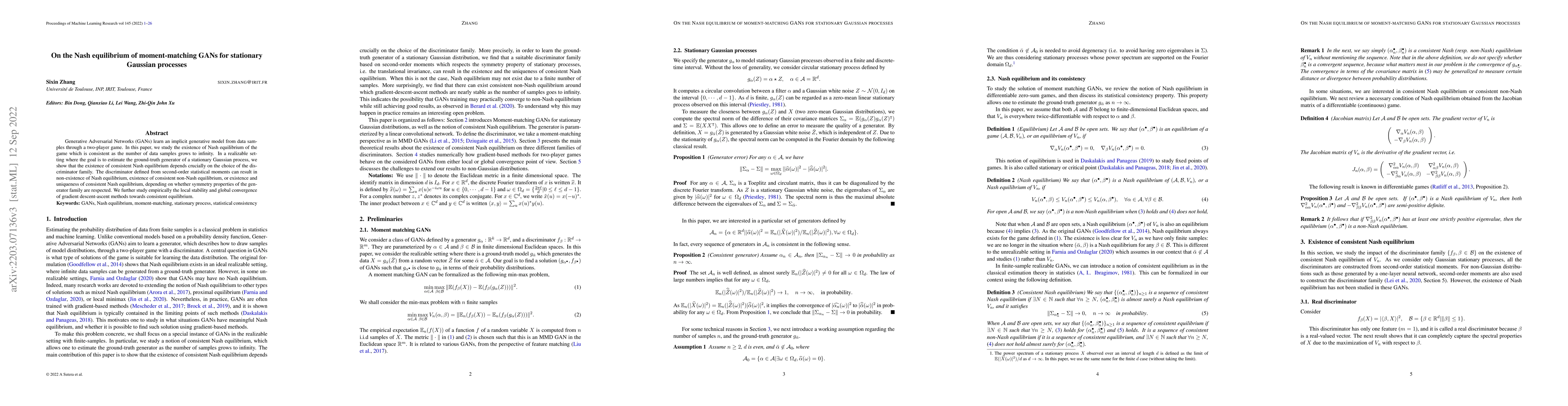 Thumbnail for On the Nash equilibrium of moment-matching GANs for stationary Gaussian
  processes