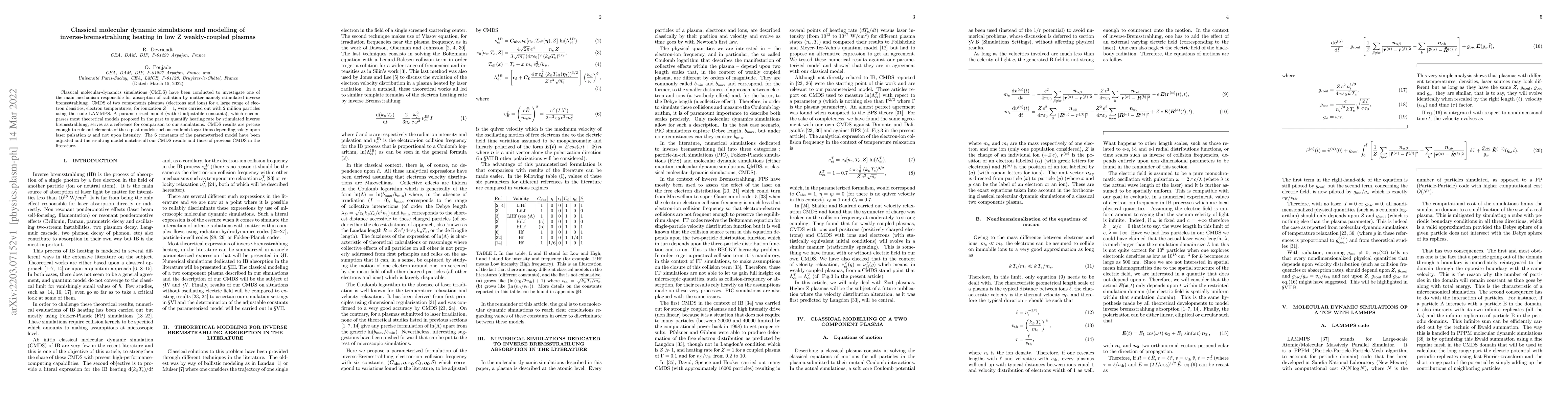 Thumbnail for Classical molecular dynamic simulations and modelling of
  inverse-bremsstrahlung heating in low Z weakly-coupled plasmas