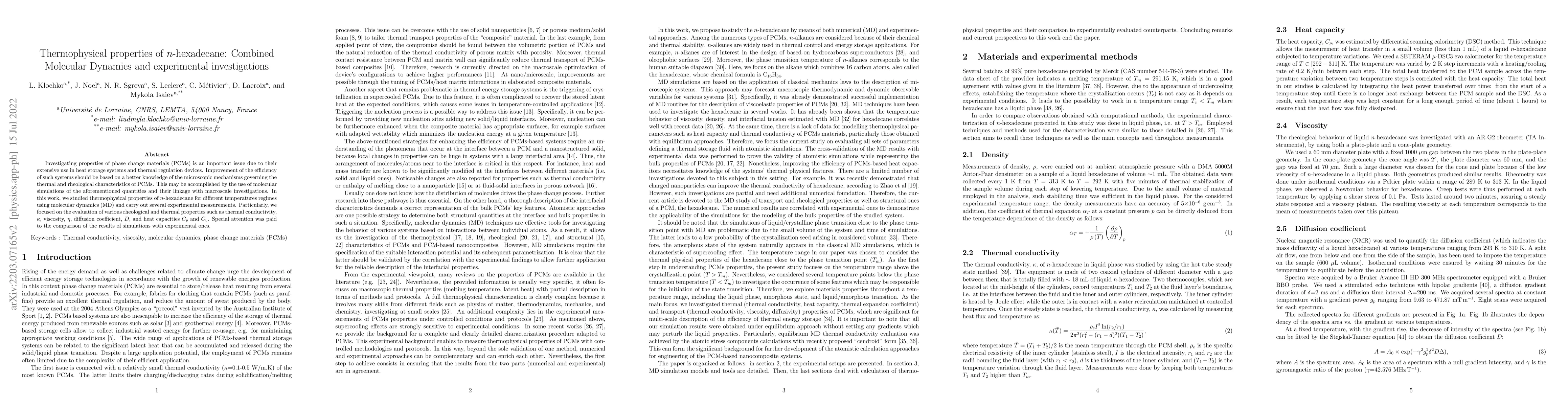 Thumbnail for Thermophysical properties of n-hexadecane: Combined Molecular Dynamics
  and experimental investigations