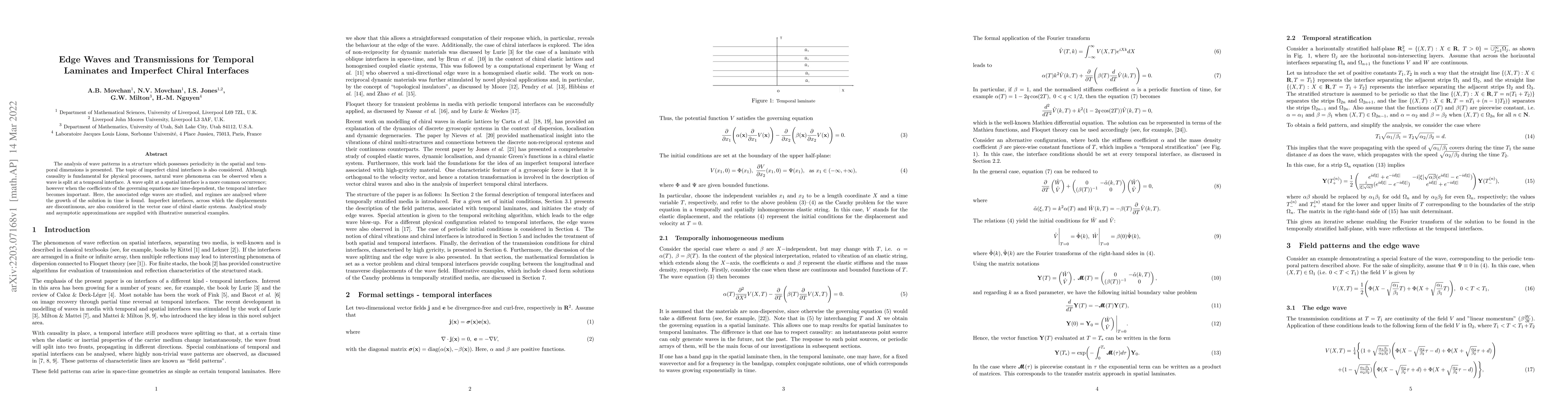 Thumbnail for Edge Waves and Transmissions for Temporal Laminates and Imperfect Chiral
  Interfaces