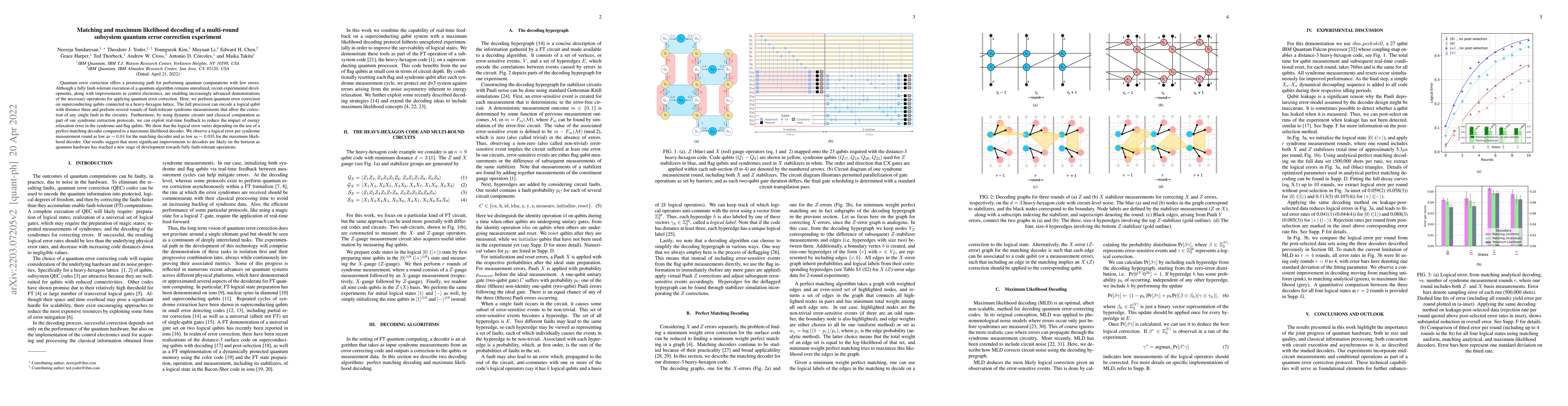 Thumbnail for Matching and maximum likelihood decoding of a multi-round subsystem
  quantum error correction experiment
