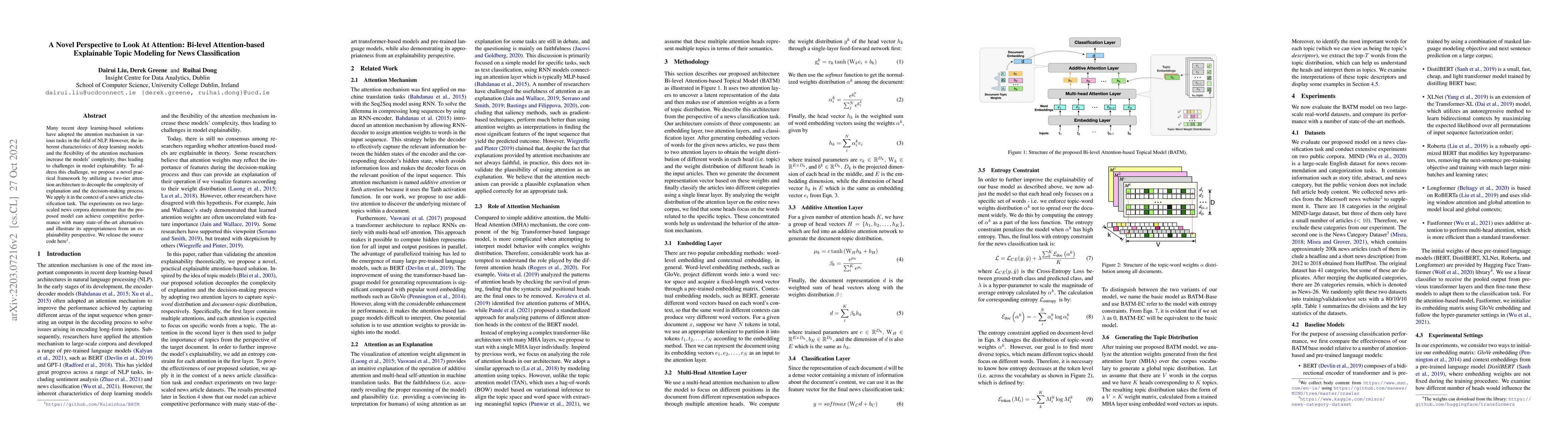 Thumbnail for A Novel Perspective to Look At Attention: Bi-level Attention-based
  Explainable Topic Modeling for News Classification