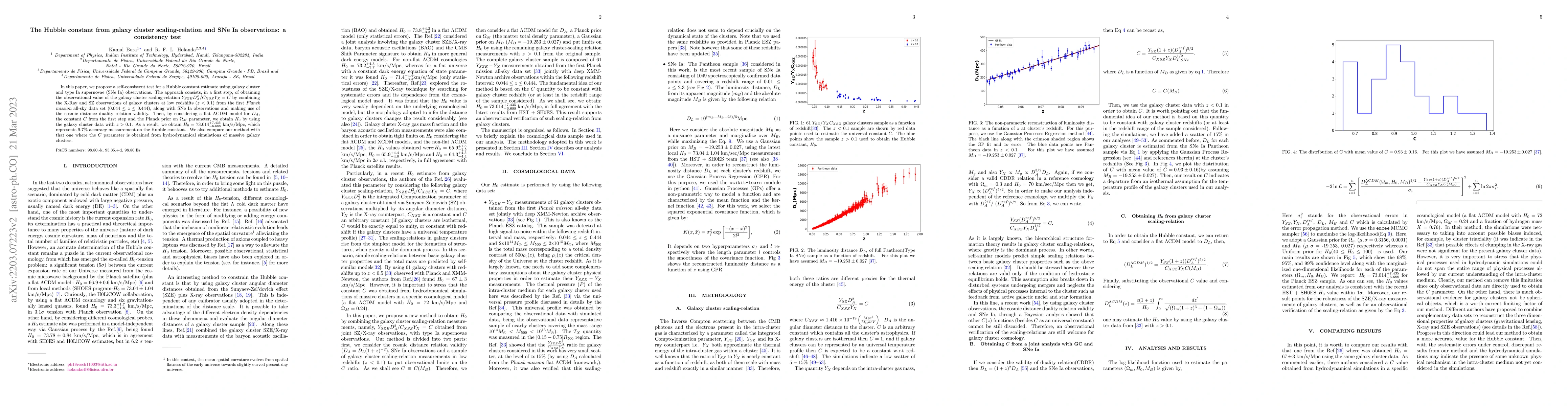 Thumbnail for The Hubble constant from galaxy cluster scaling-relation and SNe Ia
  observations: a consistency test