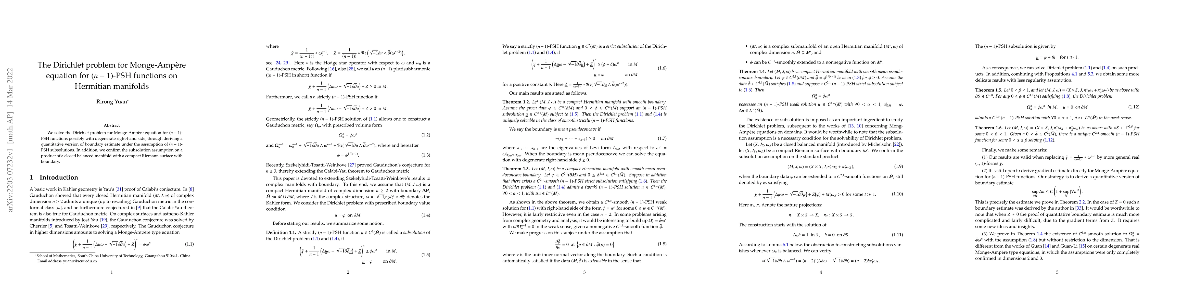 Thumbnail for The Dirichlet problem for Monge-Amp\`ere equation for $(n-1)$-PSH
  functions on Hermitian manifolds