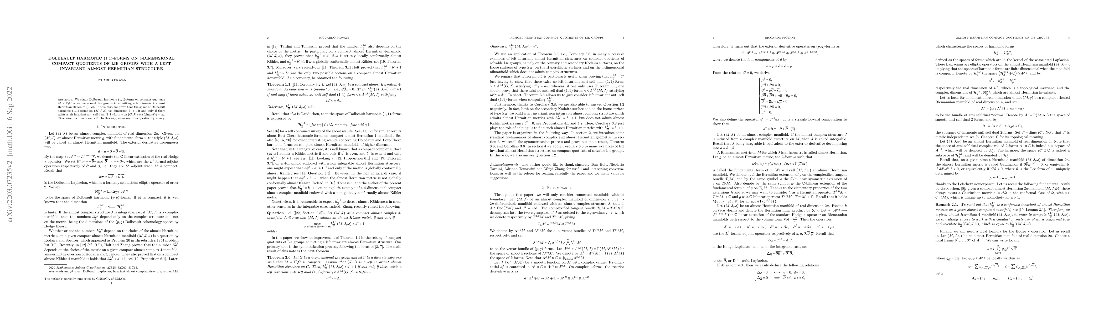 Thumbnail for Dolbeault Harmonic $(1,1)$-forms on $4$-dimensional compact quotients of
  Lie Groups with a left invariant almost Hermitian structure