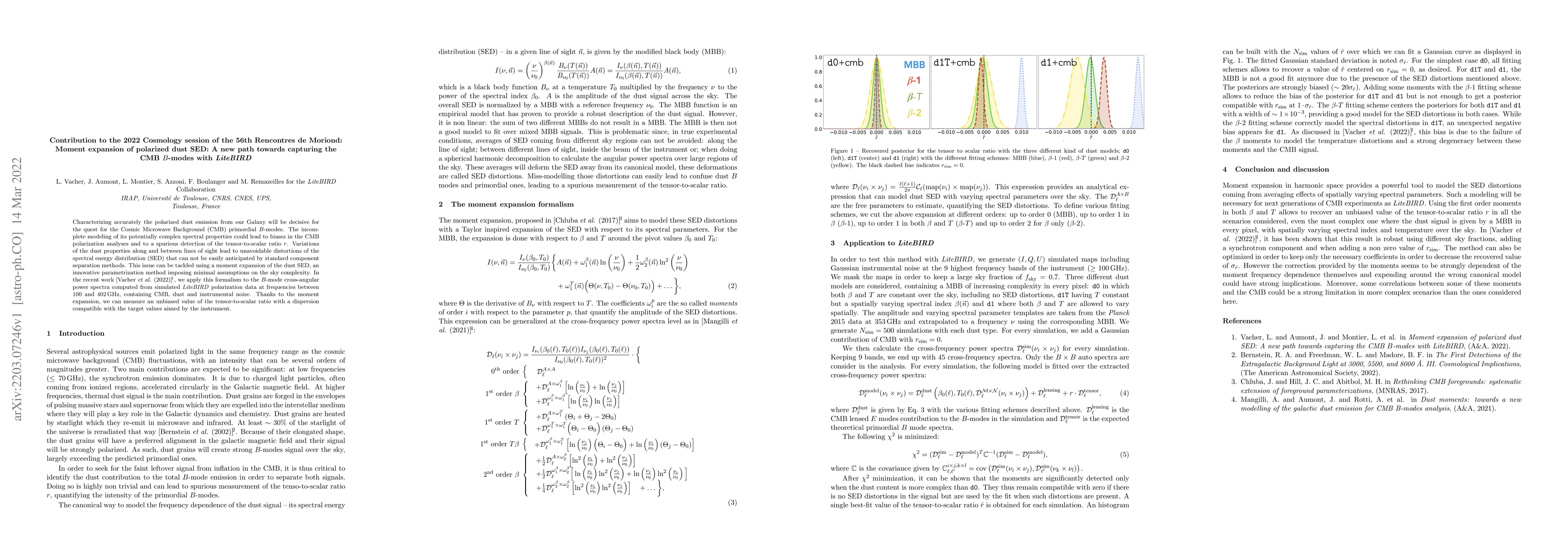Thumbnail for Contribution to the 2022 Cosmology session of the 56th Rencontres de
  Moriond: Moment expansion of polarized dust SED: A new path towards capturing
  the CMB $B$-modes with LiteBIRD